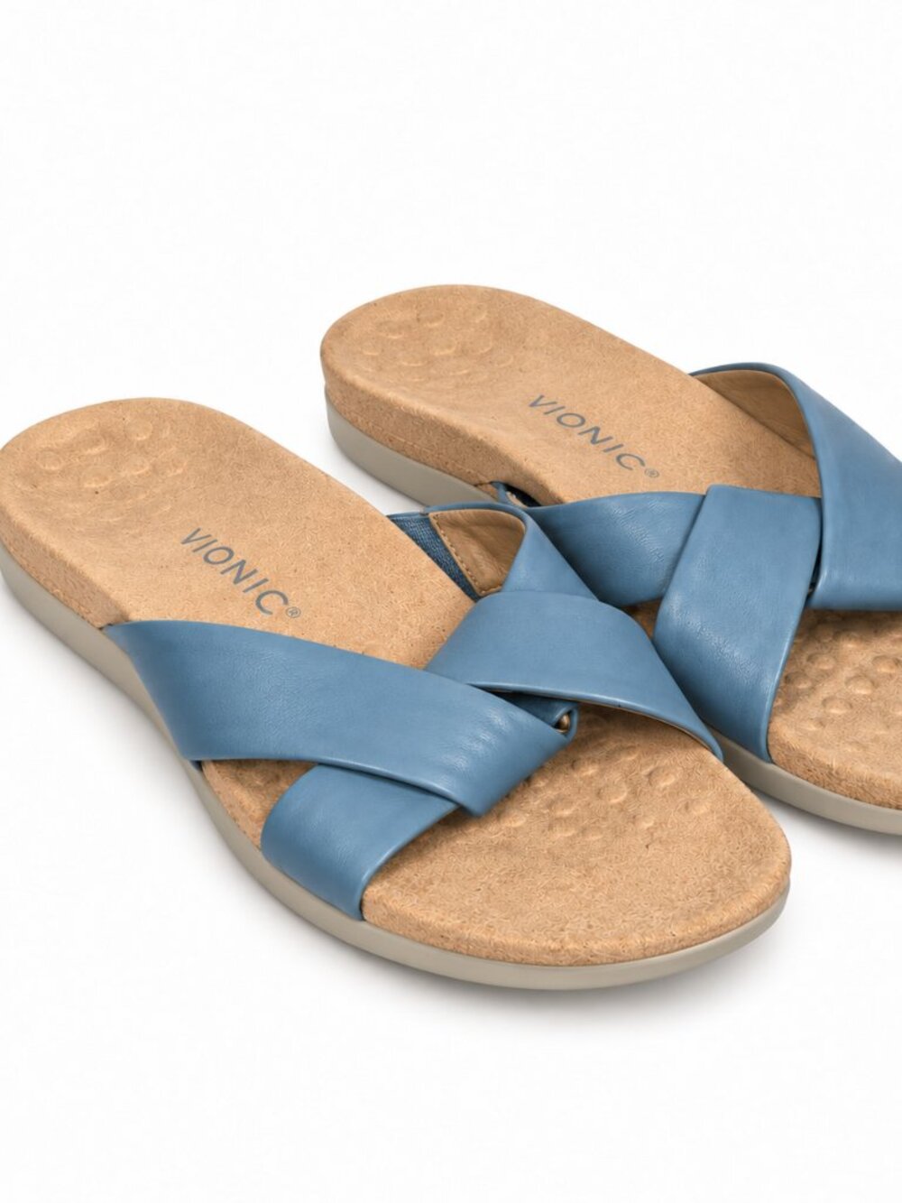 Vionic Leticia Blue Haze Leather Cork Wedge Slide Sandals